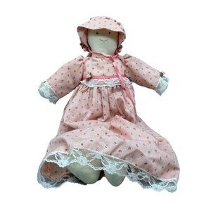 Handcrafted Vintage Rag Doll Pink Floral Dress & Bonnet Lace Trim & Ribbon READ